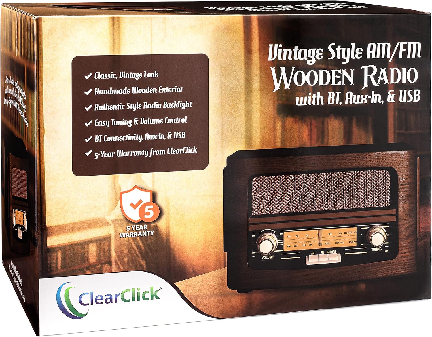 ClearClick Classic Vintage Retro Style AM/FM Radio with Bluetooth, Aux-in, & USB - Handmade Wooden Exterior Pack of 2