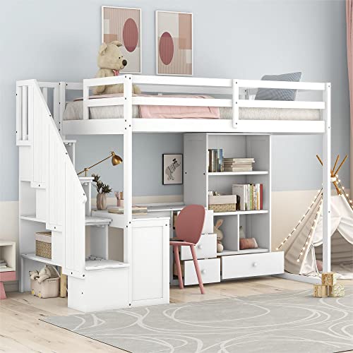 Harper & Bright Designs Twin Size Loft Bed with Storage Stairs, Wood Loft Bed with Wardrobes Space Saving Loftbed Frame for Kids & Teens Bedroom, White
