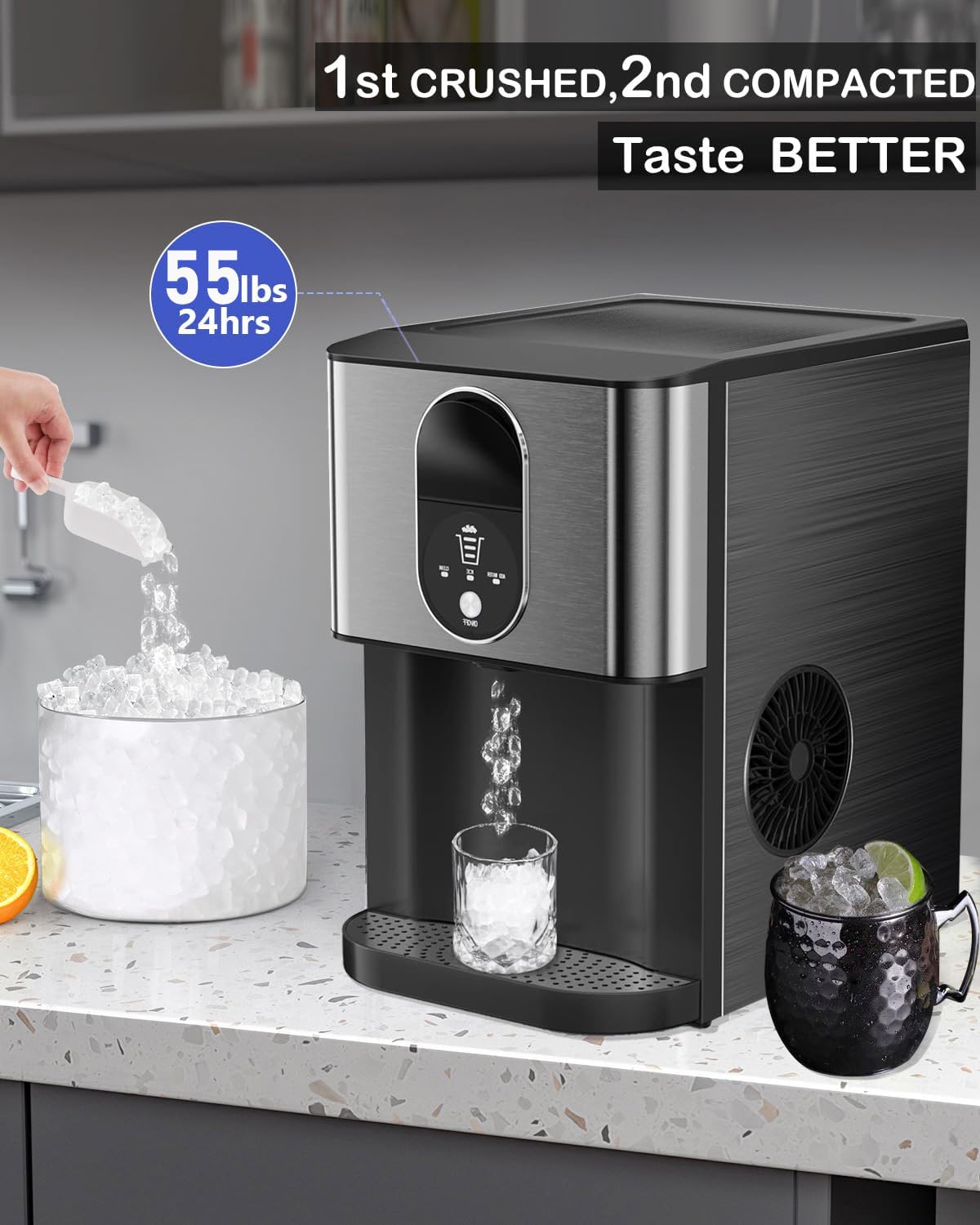 Kndko Nugget Ice Maker,Self Dispensing Pellet Ice Maker,44lbs/24H, Self Cleaning Ice Maker,3.3lbs Ice Storage,Nugget Ice Maker Dispenser,Countertop Nugget Ice Maker for Home Kitchen Bar Party Black
