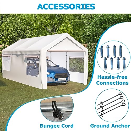 10x20 FT Outdoor Carport Portable Garage Heavy Duty Canopy Storage Shelter Shed All-Season Tarp with Removable Sidewalls & Doors for Car, Truck, Boat, Camping, Party (Gray)