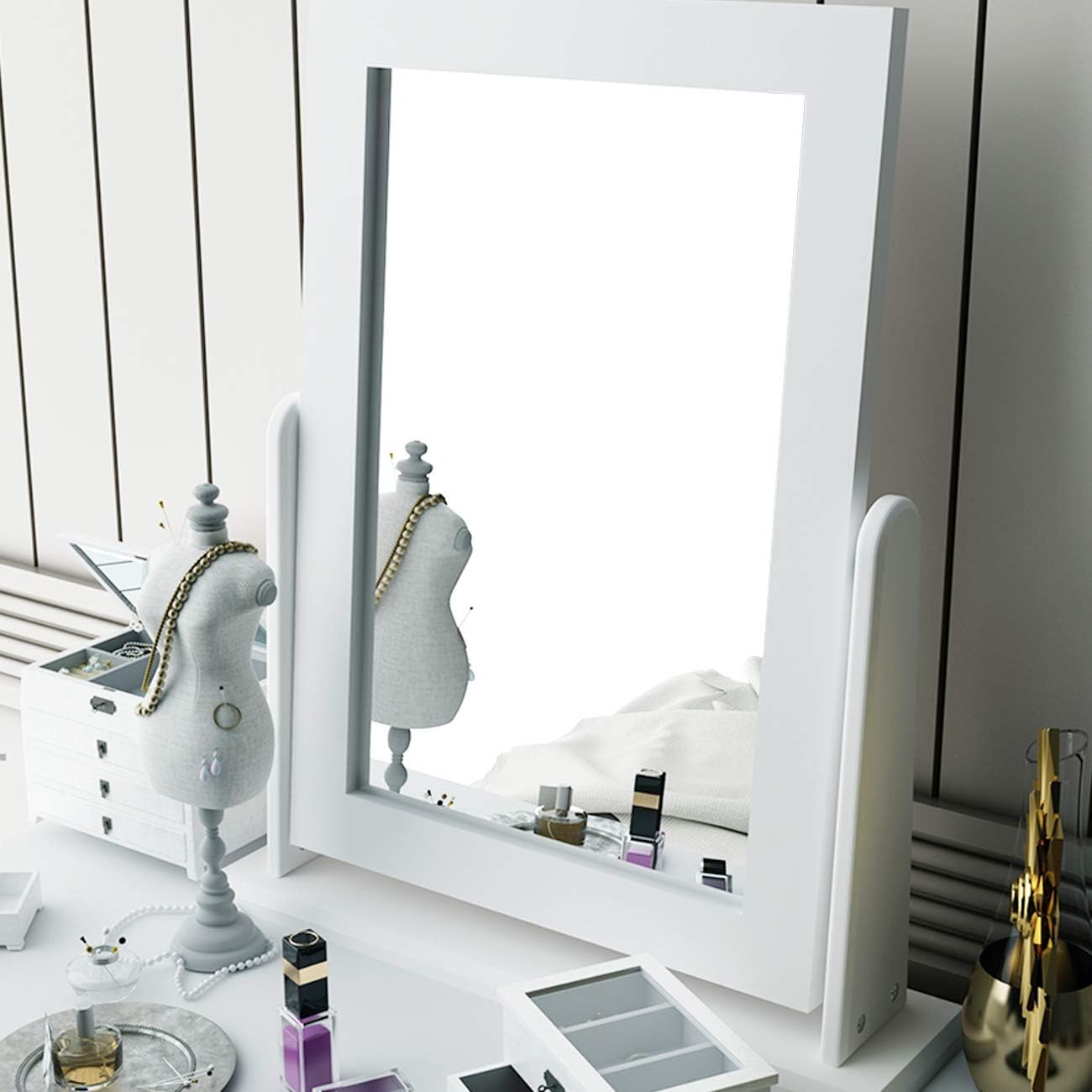 sogesfurniture Vanity Dressing Table Set Wooden Contemporary with 360° Pivoting Mirror and Stool, Multifunctional Makeup Dressing Table and with 2 Drawers, White