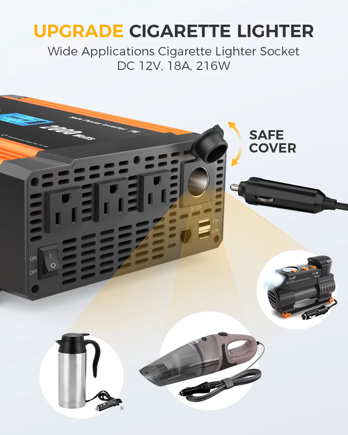 Ampeak 2000 Watt Power Inverter 3 AC Outlets and USB Port DC 12V to 110V AC Car Converter with Remote Control