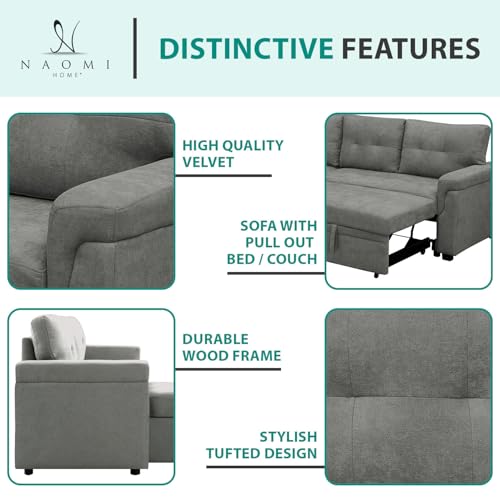 Naomi Home Jenny Sectional Sofa Sleeper with Storage Chaise, Tufted Pull Out Couch with Storage, L-Shaped Reversible Sleeper Sofa with Storage, Black,Air Leather