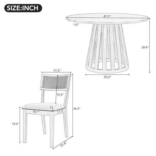 47.2'' Round Dining Table Set for 4 6 Wood Dining Room Table and 4 Upholstered Chairs 5-Piece Kitchen Table Leisure Coffee Table with Rattan Backrests Chairs, Walnut