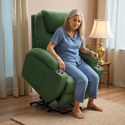 Flamaker Power Lift Recliner Chair PU Leather with Massage for Elderly Ergonomic Lounge Chair Classic Single Sofa with 2 Cup Holders Side Pockets Home Theater Seat (Leather, Light Black)
