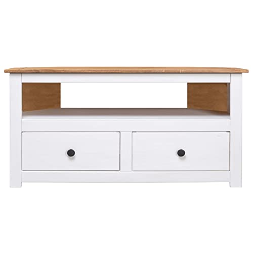 Tidyard Corner TV Cabinet with 2 Storage Drawers and 1 Open Compartment, Pine Wood Television Stand, Wooden Sofa End Table for Living Room Home Furniture 36.6 x 19.3 x 19.3 Inches (W x D x H)