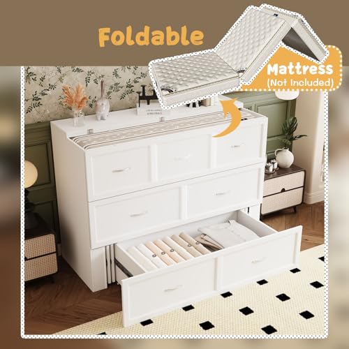 Full Size Murphy Bed Cabinet Bed with Charging Station and Drawer, Pull Out Murphy Bed Full, Space-saving Guest Cabinet Bed for Home Office Guest Room Bedroom White 76.4”L x 55.1”W x 40.9”H