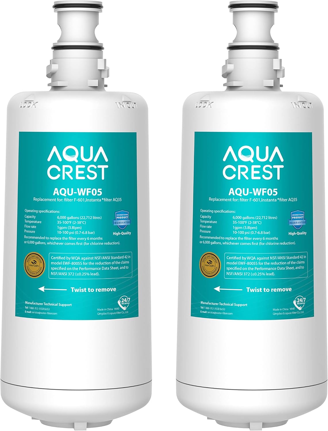 AQUACREST F-601R Filter Cartridge, NSF/ANSI 42 Certified, Replacement for F-601R Filter Cartridge (Pack of 2), Model No.WF05.