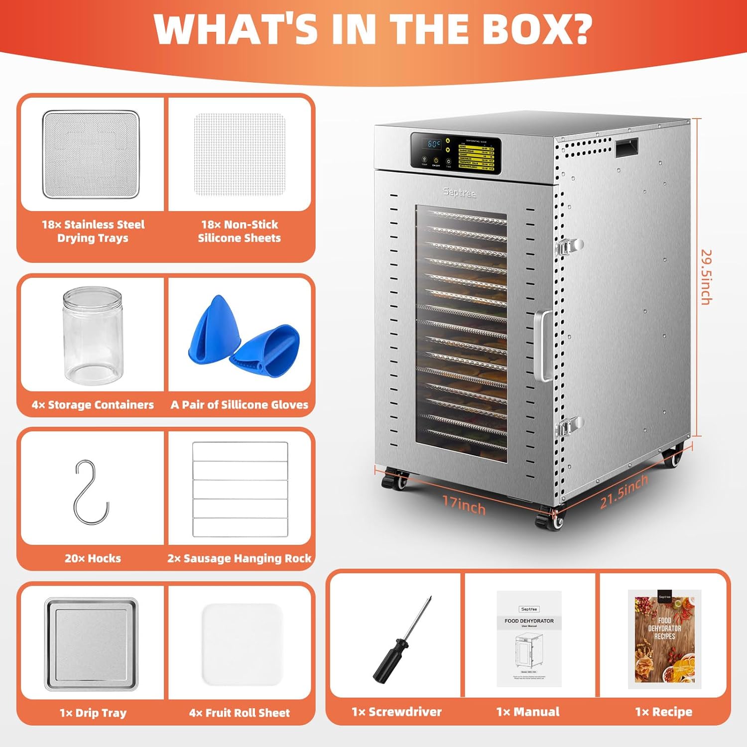 Commercial Food Dehydrator 18 Trays, 1500W Large Capacity Food Dryer Machine for Jerky, Meat, Fruit, Herbs, Stainless Steel Industrial Dehydrater Adjustable Timer& Temperature Control