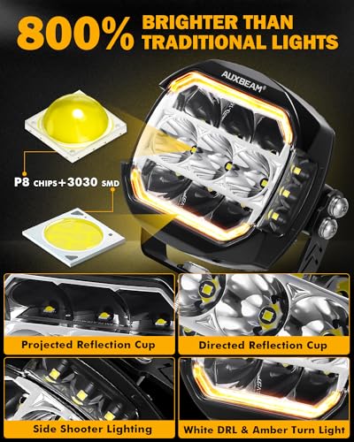 Auxbeam V-MAX Series 72W LED Pod Driving Lights, 4x2.5 Inch Rectangle Side Shooter Offroad Cube Spotlights with Amber DRL, 270° Combo Beam 6 Modes White/Amber/Yellow Auxiliary Lights with Covers