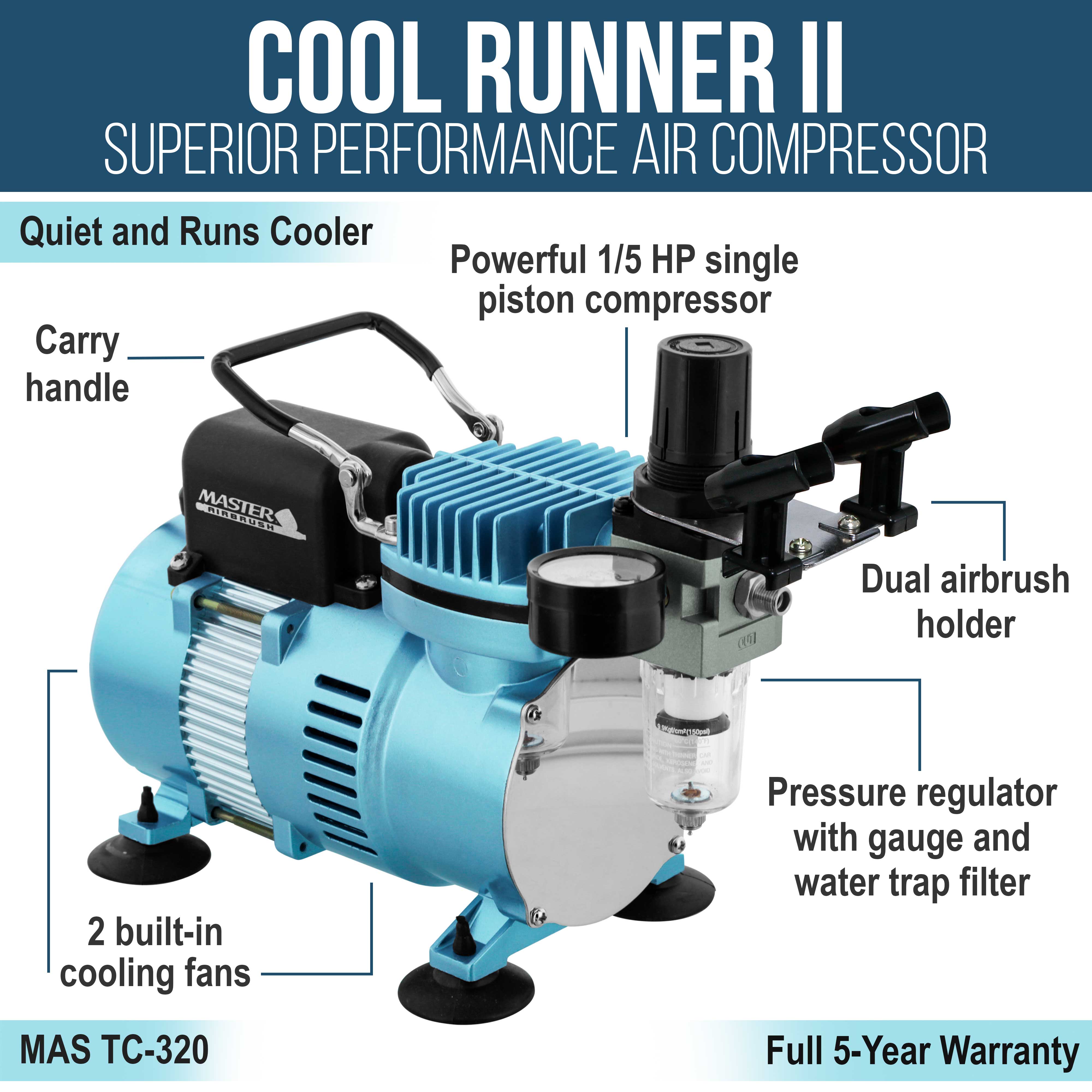 Master SB86 High Precision Detail Control Side Feed Gravity Airbrush Set, Cool Runner II Dual Fan Air Compressor, 0.2mm
