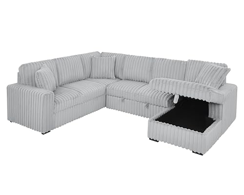 roomfitters 122 Inch Pull Out Couch, Rabbit Plush Fabric Sofa Bed with USB Ports & Comfy Upholstered, Oversized U Shape Sectional Sleeper Sofa Bed with Storage Chaise, Khaki