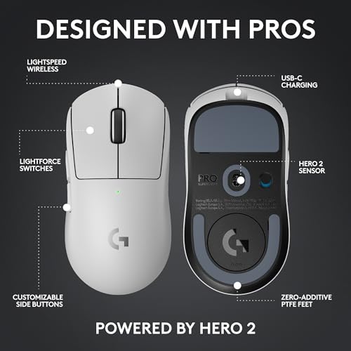 Logitech G PRO X Superlight 2 DEX Wireless Gaming Mouse, 60g pro-Grade Right-Handed Mouse with 5 programmable Buttons, USB-C Charging, 44k DPI Sensor, up to 8 kHz Polling for PC/Mac - White