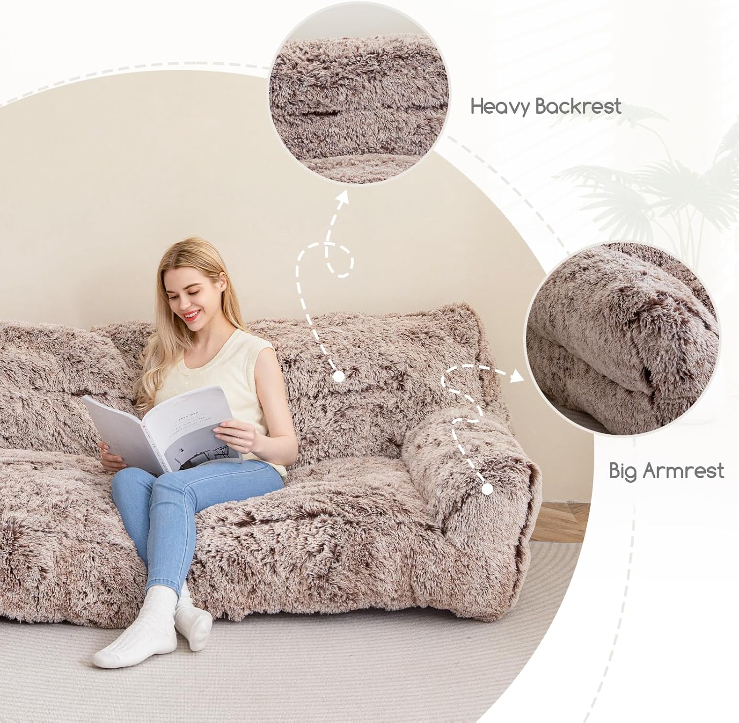 HIGOGOGO Giant Human Dog Sofa Bed, Big Comfy Floor Sofa Couch for Pet Families with Foam Chunk Supportive Mat, Fluffy Faux Fur Orthopedic Dog Bed for Human, Snow Coffee