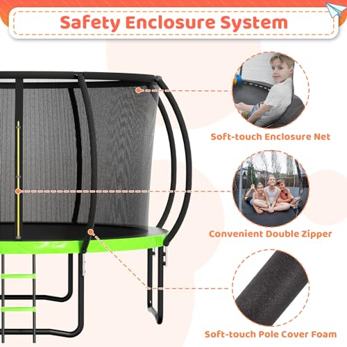 12FT 14FT 16FT Outdoor Trampoline for Kids & Adults, Recreational Trampoline w/Ladder & Safety Net, Heavy Duty Backyard Metal Trampoline, 400/450LBS Round Pumpkin Trampoline, ASTM Approved