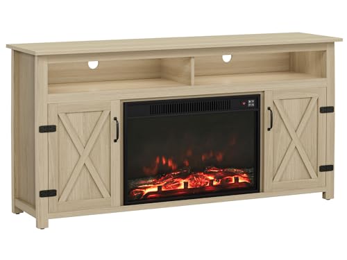 YESHOMY Farmhouse TV Stand for Televisions up to 65 Inches, Sliding Barn Doors and Storage Cabinets, Console Table and Media Furniture for Living Room, 58 Inch, Milk White
