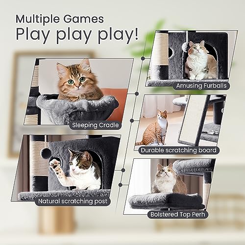 SHA CERLIN 68 Inches Multi-Level Cat Tree Tower with Condo, Plush Perches, Scratching Posts, Hammocks, and Play House, Beige