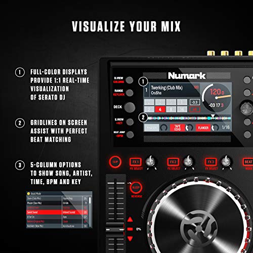 Numark NV II | Four Deck DJ Controller for Serato DJ (Included) With Dual High Resolution Displays, 16 Performance Pads and 5-Inch Metal Platters