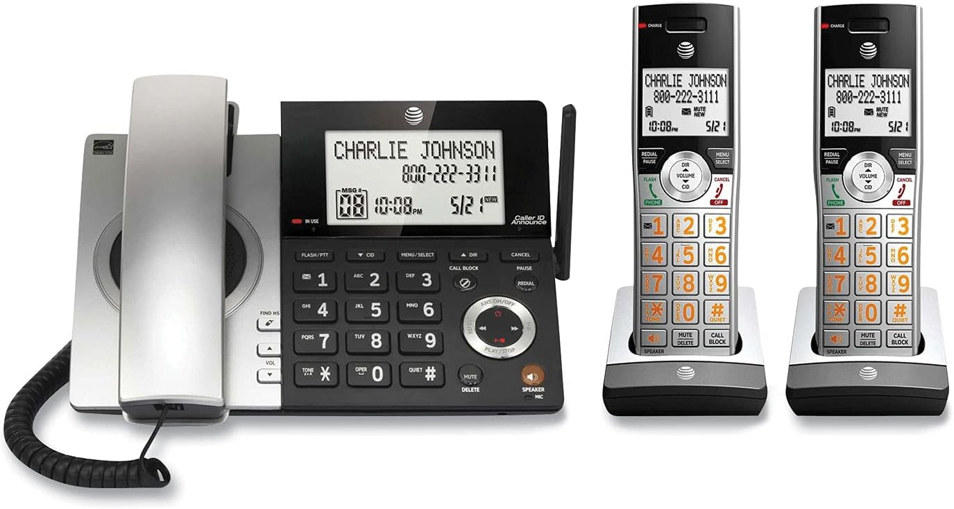 AT&T CL84107 DECT 6.0 Expandable Corded/Cordless Phone with Smart Call Blocker, Black/Silver with 1 Handset