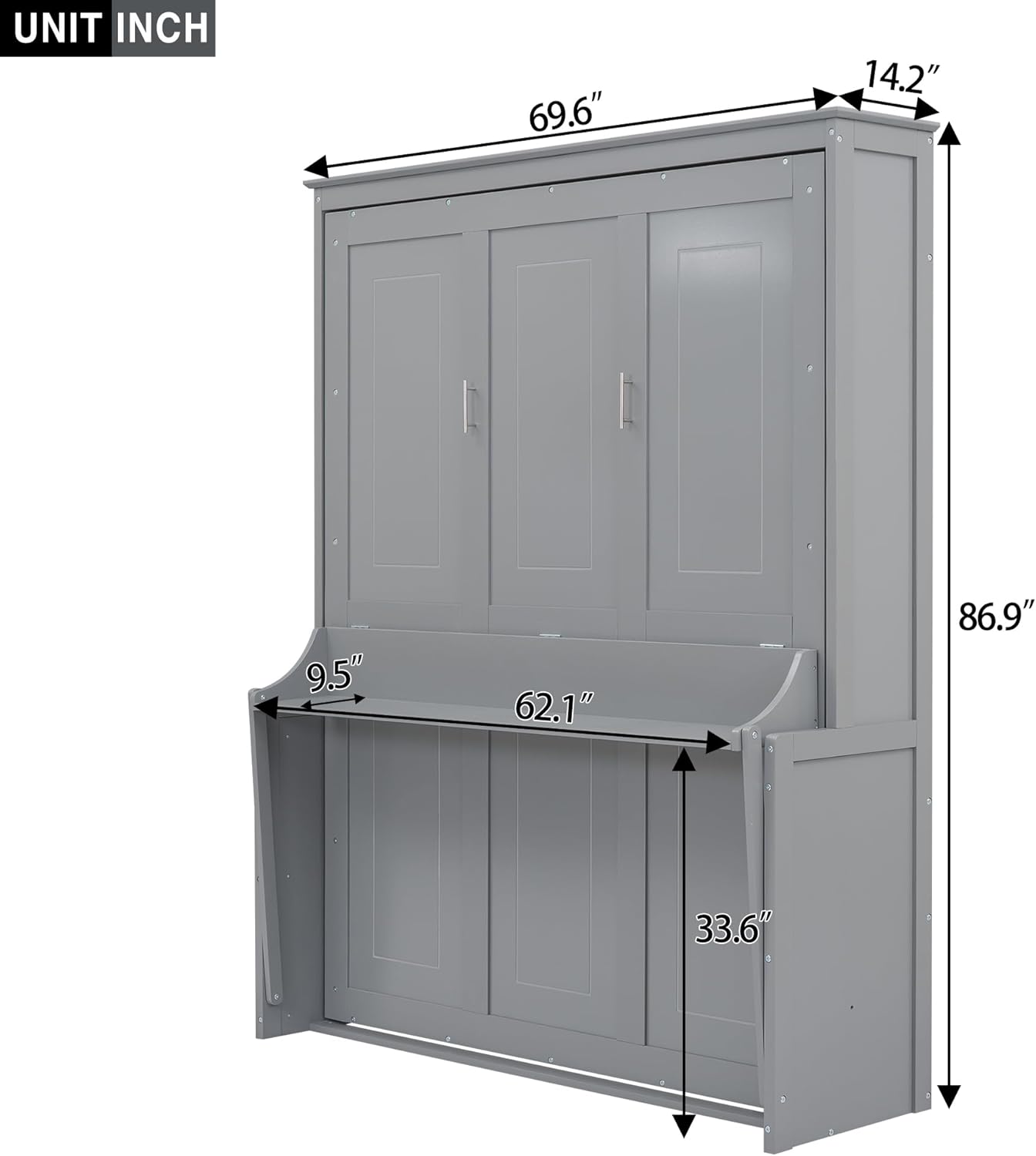 Murphy Wall Bed Queen, Wood Foldable Wall Bedframe with a Shelf for Guest Room Home Office, Space-Saving, Can Be Folded into a Cabinet, Gray