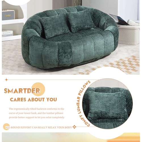 Giant Bean Bag Chair Couch with Foam Filler, Oversized Bean Bag Sofa for Adults,Teens, Comfy Floor Loveseat with 2 Pillows, Lazy Beanbag Lounger for Living Room, Game Room, Office, Chenille Emerald