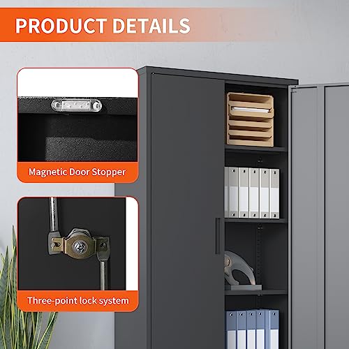 Metal Storage Cabinet with Wheels, Lockable Garage Cabinet with Doors and Shelves, Rolling Tool Storage, Assembly Required, Black
