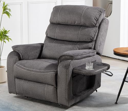 Light Grey Recliner Chair for Elderly | Tall and Big Man 400lbs | Chenille | Power Lift, Lay Flat, Stand Up, Wireless Charging Device, Extended Footrest, Massage Heat, Cup Holder, Lumbar Pillow