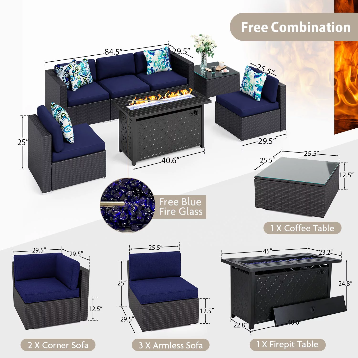 MF Studio 7 PCS Outdoor Patio Furniture Set with Fire Pit Table Wicker Patio Conversation Set  for 5 Person Navy Blue