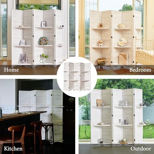 Room Divider with Shelves, 5.6 Ft Tall Folding Wood Screen with Double Hinges for Home Office Bedroom Hotel Decoration (6 Panels, Brown)