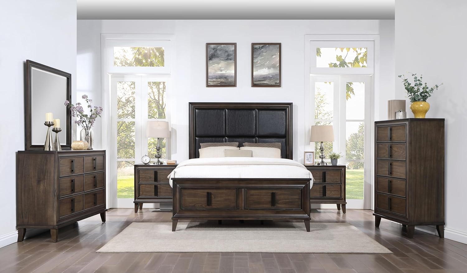 Roundhill Furniture Aetheria Contemporary Wood 6-Piece Bedroom Set, Upholstered Storage Panel Bed, Dresser, Mirror, 2 Nightstand, and Chest, Queen, Dark Brown