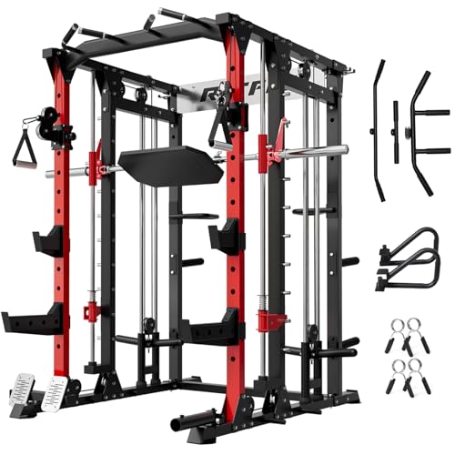 RitFit Buffalo Smith Machine, Power cage with LAT-Pull Down System & Cable Crossover System, All-in-One Squat Rack for Home Gym, Power Rack