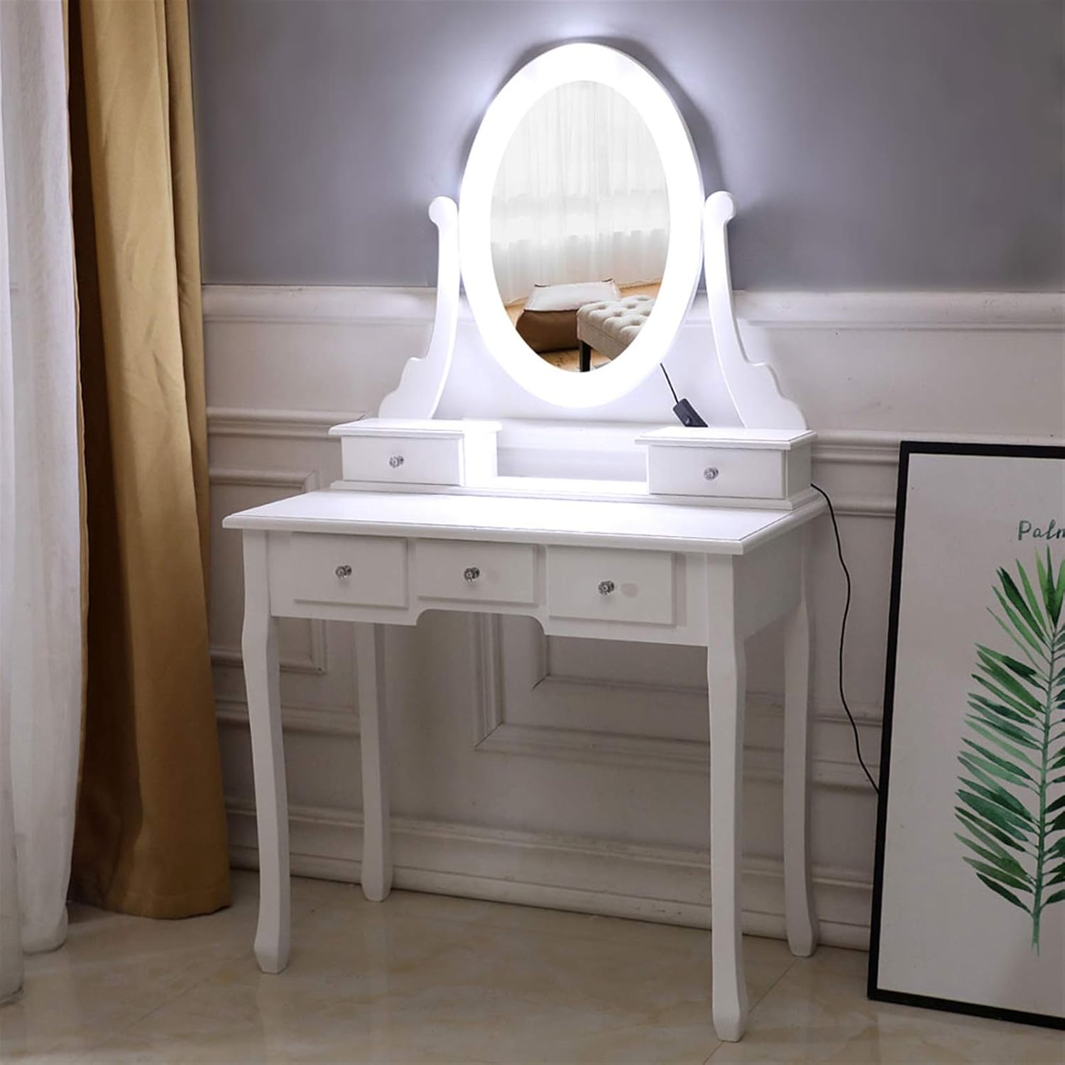 White Lighted Makeup Vanity Set - Makeup Desk with 360° Rotating Oval Mirror and Cushioned Stool - Make-up Vanity Station with Removable Top - Dressing Table with 10 Light Bulbs and 5 Sliding Drawers