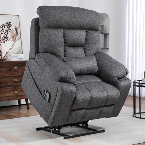 Light Grey Recliner Chair for Elderly | Tall and Big Man 400lbs | Chenille | Power Lift, Lay Flat, Stand Up, Wireless Charging Device, Extended Footrest, Massage Heat, Cup Holder, Lumbar Pillow