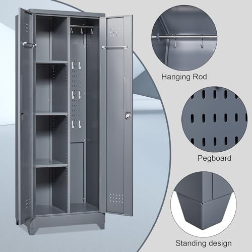 Metal Broom Storage Cabinet with Doors, 65" Steel Tool Storage Cabinet with Hanging Rod, Cleaning Storage Cabinet with Locking Doors, Broom Tool Storage Cabinet for Office, Garage
