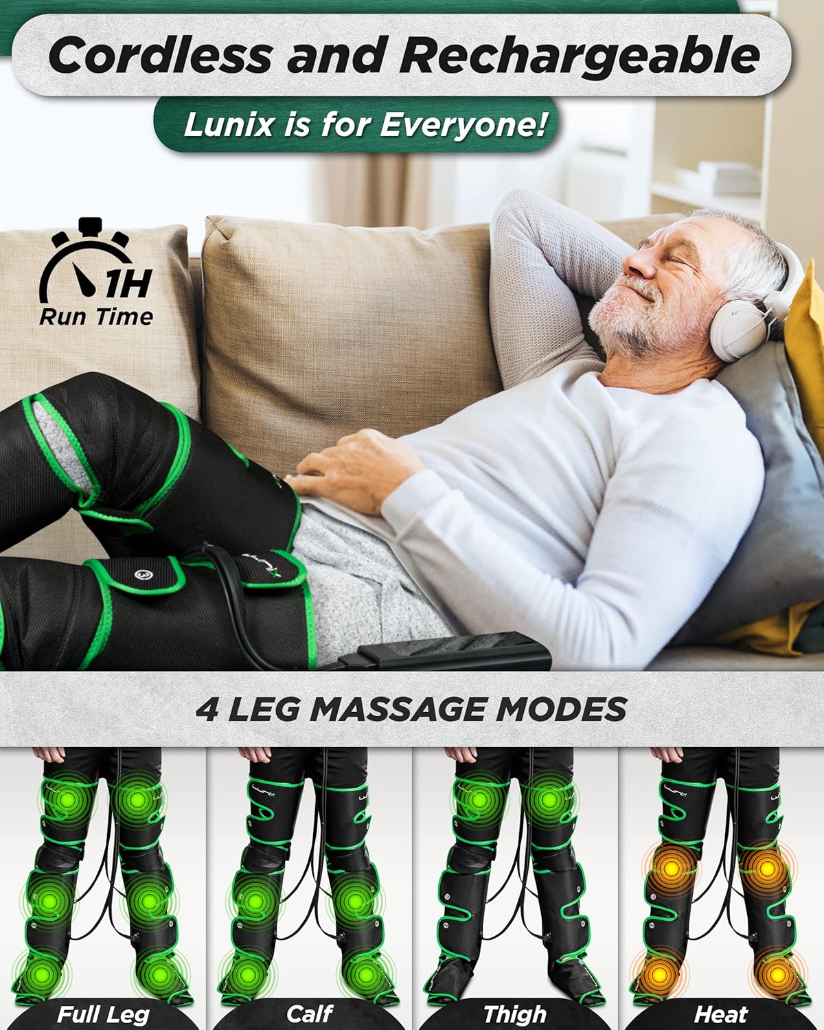 Lunix LX10 Foot, Calf, Leg Air Compression Massager Machine, Cordless and Rechargeable Thigh and Knee Boots Device with Heat for Circulation and Recovery, Legs Pain Relief, Green