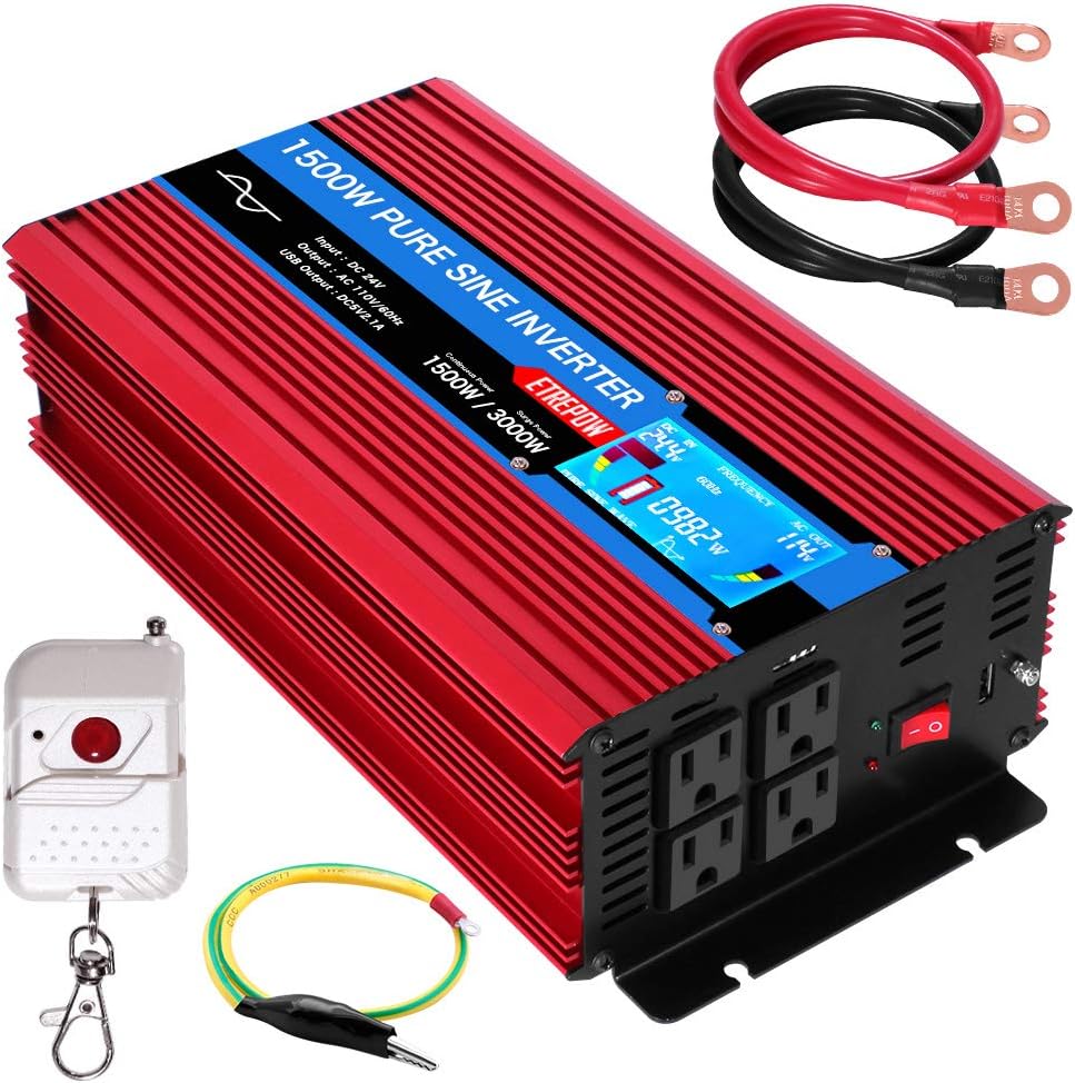 ETREPOW 3000 Watt Pure Sine Wave Inverter 12V to 110V 120V with LCD Display, 4 AC Sockets, 2.1A USB Port, Dual Fans and Wireless Remote Control-Off-Grid Inverter for RV, Automotive 6000W Peak