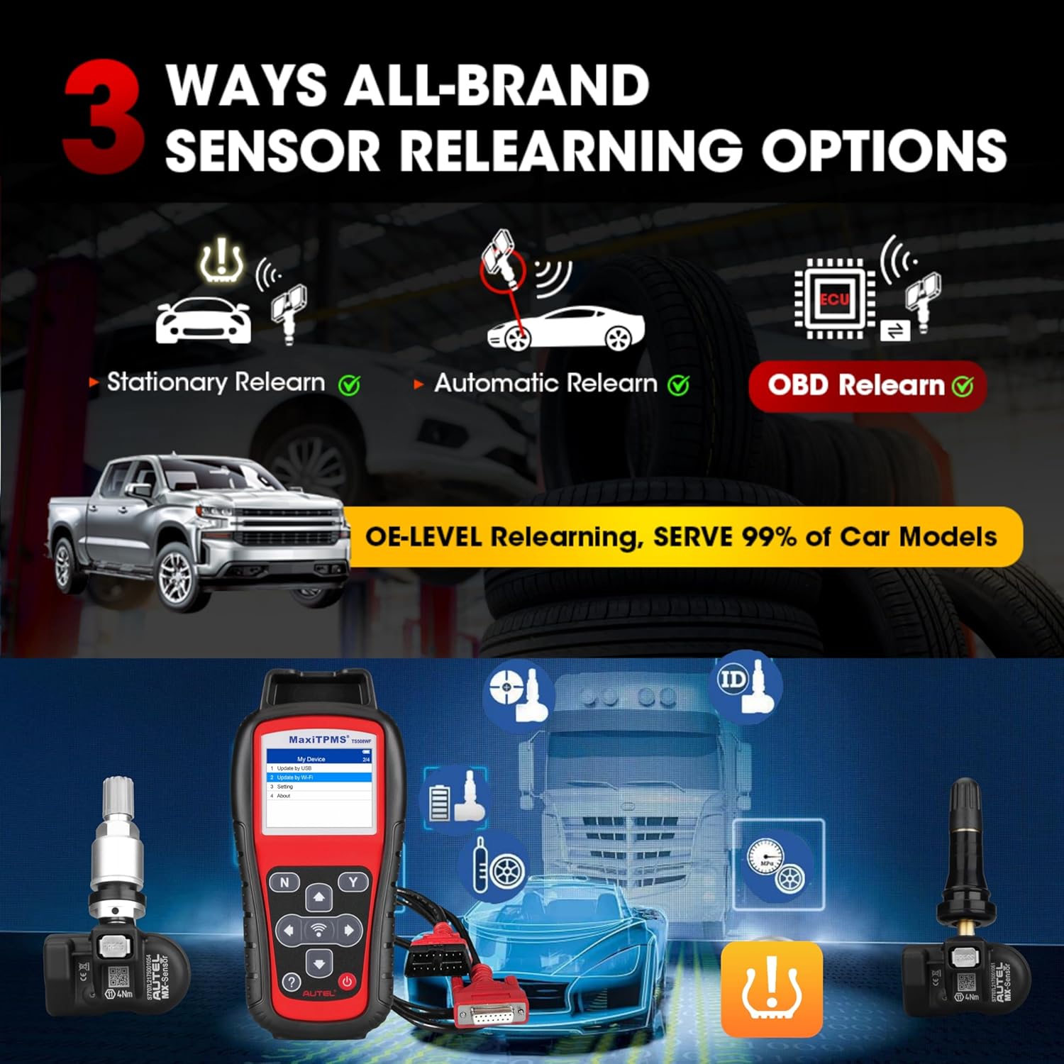 Autel MaxiTPMS TS508WF Complete with 4 pcs Duel Frequency Rubber MX Sensor, MX Sensor Programming TPMS Diagnostic OBD Relearn Activate Read Copy TPMS Sensor Read/Clear TPMS DTCs, Free Lifetime upgrate