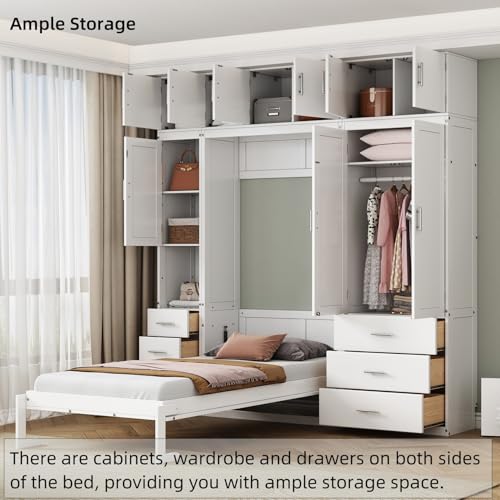 Merax Full Size Murphy Bed Cabinet with Lockers and Storage Wardrobes Shelves, Wood Foldable Hidden Wall Platform Bedframe Chest for Home, Bedroom, Office, Small Room, Apartment