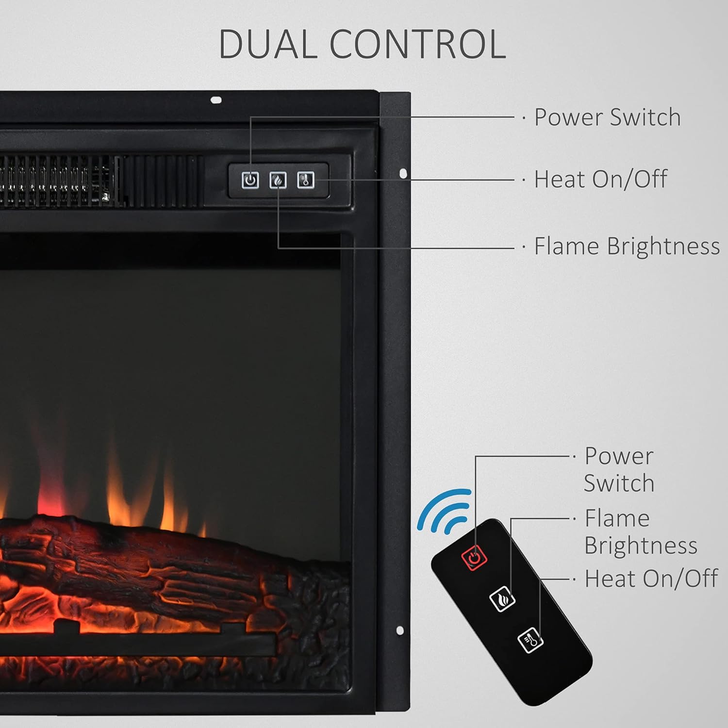 HOMCOM 23" Electric Fireplace Insert for Wooden Cabinet or Mantle Frame, Recessed Fireplace Heater with Realistic Log Flames, and Adjustable Brightness, 1400W, Black