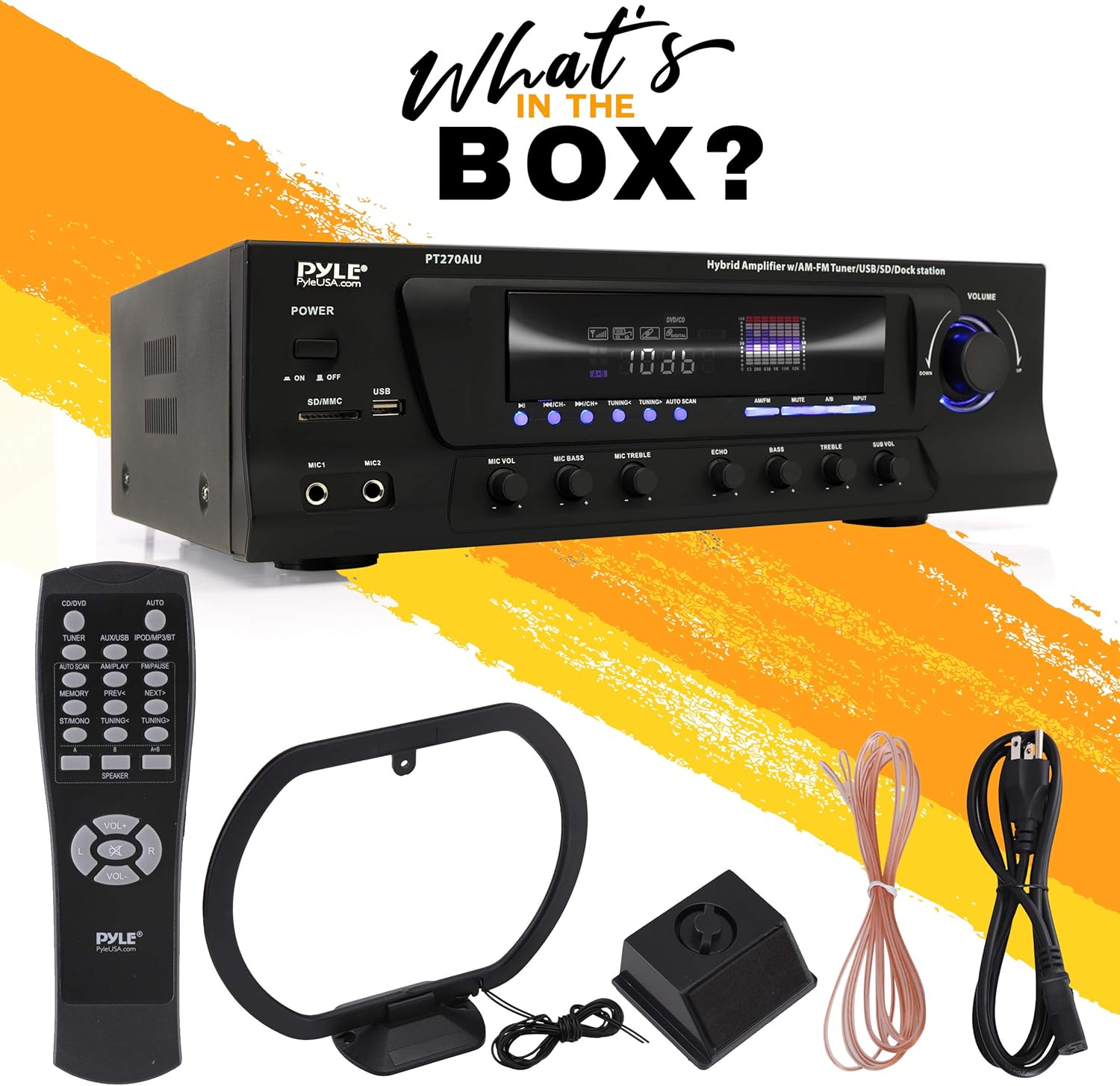 300W Digital Stereo Receiver System - AM/FM Qtz. Synthesized Tuner, USB/SD Card MP3 Player & Subwoofer Control, A/B Speaker, iPod/MP3 Input w/Karaoke, Cable & Remote Sensor - Pyle PT270AIU.5