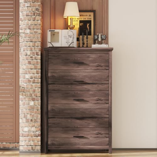 Retro American Country Style Wooden Dresser with 5 Drawer Storage Cabinet for Bedroom, Walnut