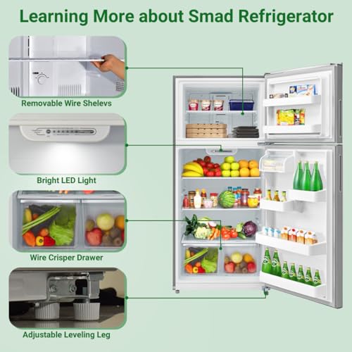 Smad Top Freezer Refrigerator with Reviseble Door Adjustable Temperature Upright Freezer for Home Garage Dorm Kitchen Stainless Steel