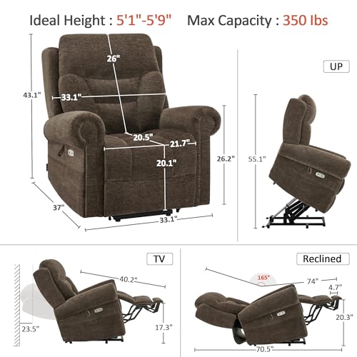 MCombo Triple Motor Power Lift Recliner Chair with Massage and Lumbar&seat Heating, Rolled Arms, Adjustable Headrest for Elderly People, Fabric 7888 (Coffee, Medium)