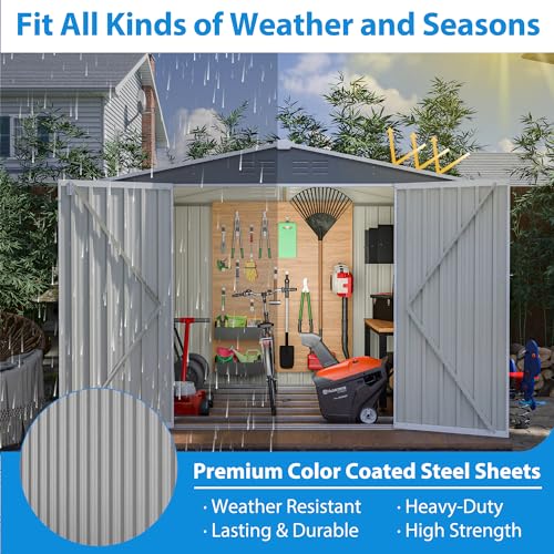 10 x 8 FT Outdoor Storage Shed, Metal Garden Shed with Floor Frame, Large Tool Shed Outdoor Storage with Lockable Sliding Doors & Air Vents, Storage House Waterproof for Backyard, Lawn, Gray