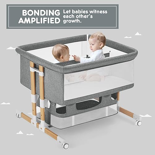 3 in 1 Baby Bassinet Bedside Sleeper, Five-Position Adjustable Bedside Crib with Storage for Newborns, Portable Bassinet with Anchor Strap (Wood Grain-Twins, Grey)