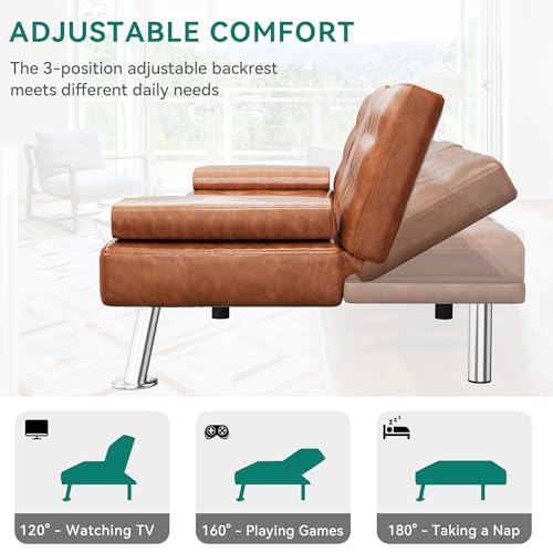 DWVO Futon Sofa Bed, Modern Folding Futon Set, Faux Leather Upholstered Modern Convertible Folding Futon Couch with Removable Armrests, Adjustable Loveseat with 2 Cup Holders for Living Room, Black