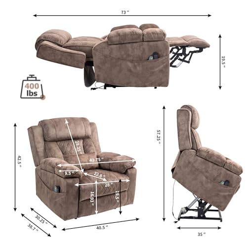 Light Grey Recliner Chair for Elderly | Tall and Big Man 400lbs | Chenille | Power Lift, Lay Flat, Stand Up, Wireless Charging Device, Extended Footrest, Massage Heat, Cup Holder, Lumbar Pillow