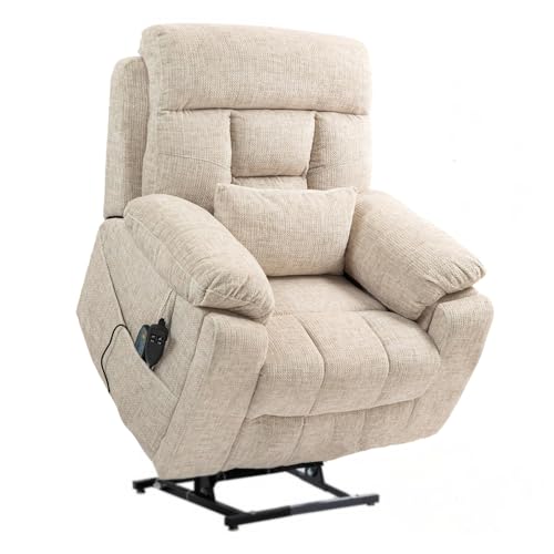 Light Grey Recliner Chair for Elderly | Tall and Big Man 400lbs | Chenille | Power Lift, Lay Flat, Stand Up, Wireless Charging Device, Extended Footrest, Massage Heat, Cup Holder, Lumbar Pillow