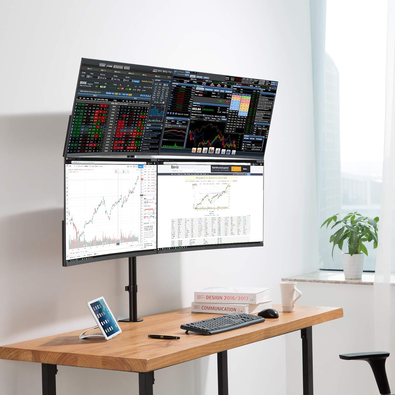 AVLT Quad 32" Monitor Desk Stand - Mount Four 17.6 lbs Computer Monitors on 4 Articulating Adjustable Arms - Organize Your Work Surface with Ergonomic Viewing Angle VESA Monitor Mount