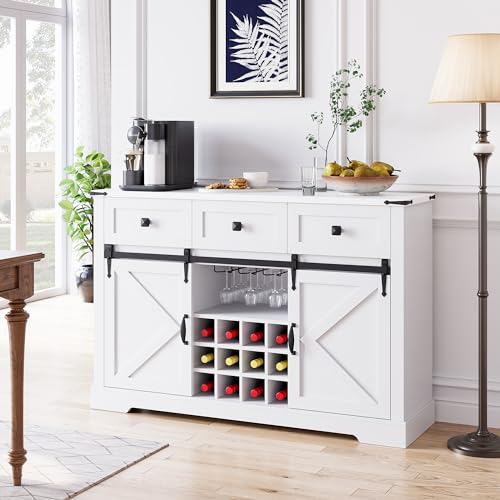 IDEALHOUSE Buffet Cabinet with Storage, 54" Farmhouse Coffee Bar Cabinet with 3 Drawers & Sliding Barn Door, Wine Cabinet with Wine and Glass Rack for Kitchen, Dining Room, White